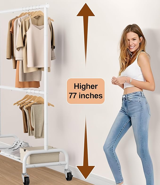 MISSLO Heavy Duty Clothing Racks for Hanging Clothes Rack Double Rod Garment Rack Rolling Closet Wardrobe Rack on Wheels, Metal, Adjustable, White