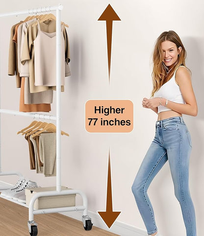 MISSLO Heavy Duty Clothing Racks for Hanging Clothes Rack Double Rod Garment Rack Rolling Closet Wardrobe Rack on Wheels, Metal, Adjustable, White
