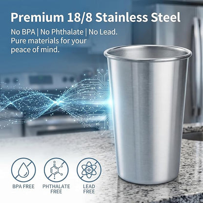 Tosnail 6 Pack Stainless Steel Pint Cups, 16 oz Metal Cups Unbreakable Drinking Glasses Water Tumblers for Kids, Adults Indoor and Outdoor Use, Silver