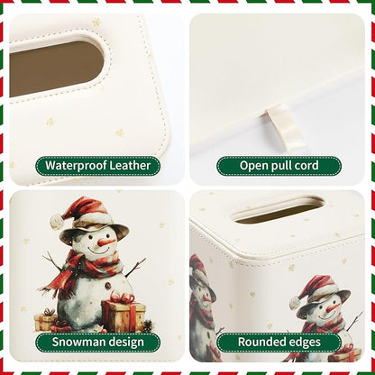 MEIBOOCH PU Leather Tissue Box Cover with Magnetic Closure, Square Tissue Box Holder with Rounded Edges Design (Snowman, Square)