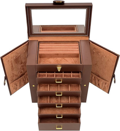 AKOZLIN Large 6-Tier Jewelry Box Organizer Functional Huge Lockable,5 Drawers Leather Jewelry Storage Case for Women Girls Ring Necklace Earring Bracelet Holder Organizer with Mirror Brown