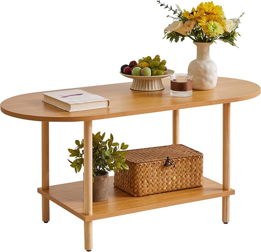 Aibiju Wooden Tea Table Small Coffee Table, 2 Tier Coffee Table for Living Room, 35x16x17inch Tea Table Stand with Storage Shelf Natural Wood Color YD-012N