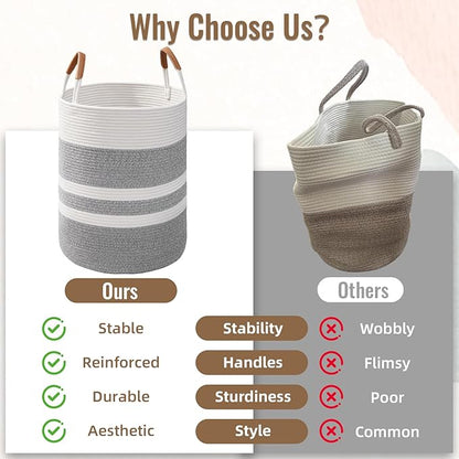 Degeyoyo 60L Striped Laundry Basket, Grey Laundry Hamper with Leather Handles, Woven Cotton Rope Storage Bin for Blankets, Nursery Hamper for Clothes, Toys In Bathroom, Livingroom, Bedroom
