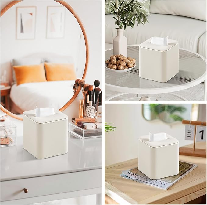 MEIBOOCH PU Leather Tissue Box Cover with Magnetic Closure, Square Tissue Box Holder with Rounded Edges Design (Beige, Square)