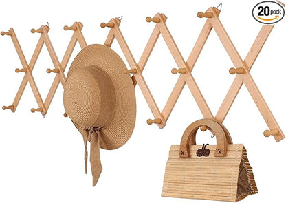 SCUNDA Wall Rack with 20 Hooks, Wooden Wall Expandable Coat Rack for Coat, Hats, Baseball Caps, Coffee Mug, Jewelry(Natural)