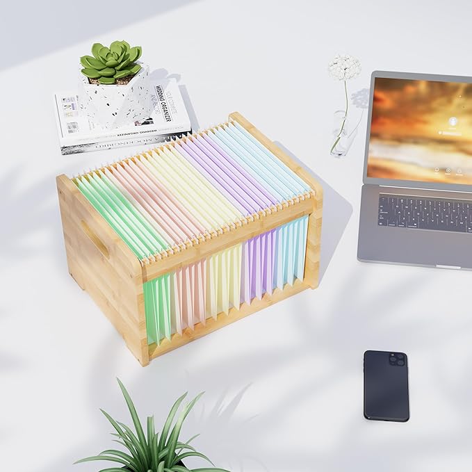 LONTAI Bamboo Hanging File Organizer, Office Desk File Organizer for Letter Size, Wood Hanging File Folders Organizer Record Holder Storage Stand Bookshelf Easy Assembly, Natural