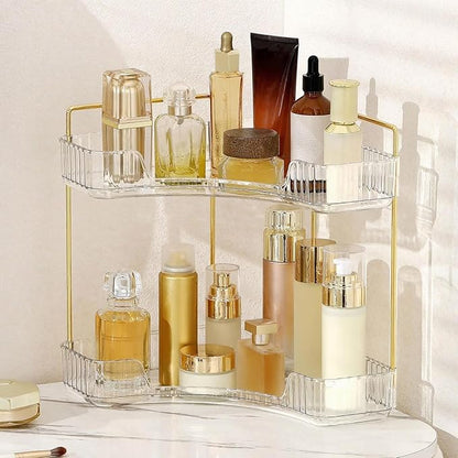 YCIA&DONE Corner Bathroom Counter Organizer, Makeup Organizer for Vanity, Skincare Cosmetic Perfume Tray, Corner Countertop Shelf Rack Storage for Bathroom Kitchen 2 Tiers (Clear White)