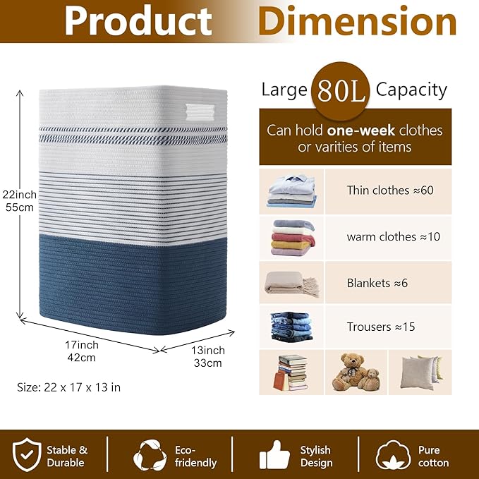SIXDOVE Laundry Hamper, Large Woven Rope Tall Laundry Basket with Handles, 22" X 17" X 13", Decorative Storage Basket for Clothes and Blankets in Living room, Bedroom, Dark Blue& White
