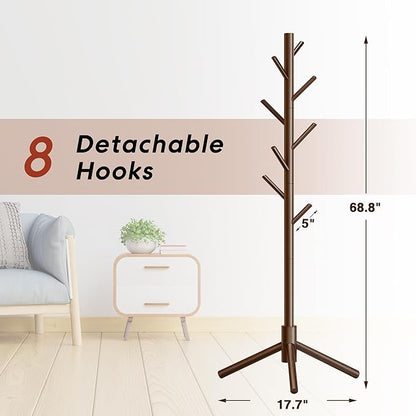 Coat Rack, Coat Racks Freestanding with 8 Hooks 3 Adjustable Heights for Clothes, Hats, Handbags, Coat Tree Easy Assembly for Entryway, Bedroom, Hallway, Office(Brown 2PCS)
