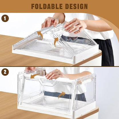 Freebat Collapsible Plastic Storage Bins with Wheels, Clear Stackable Storage Bins with Lid, Stackable Storage Bins with Open Door, Folding Storage Bins Organizer for Closet, Bedroom, Living Room