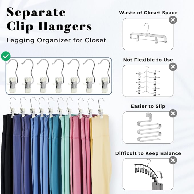 Legging Organizer for Closet, Yoga Pants Hangers 20 Pack Hanging Chip Clips Clothes Pins Holds Leggings, Space Saving Hanger Closet Organizers and Storage for Workout Sets, Hat, Bag - Ivory White