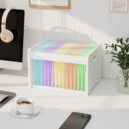 LONTAI Bamboo Hanging File Organizer, Office Desk File Organizer for Letter Size, Wood Hanging File Folders Organizer Record Holder Storage Stand Bookshelf Easy Assembly, White