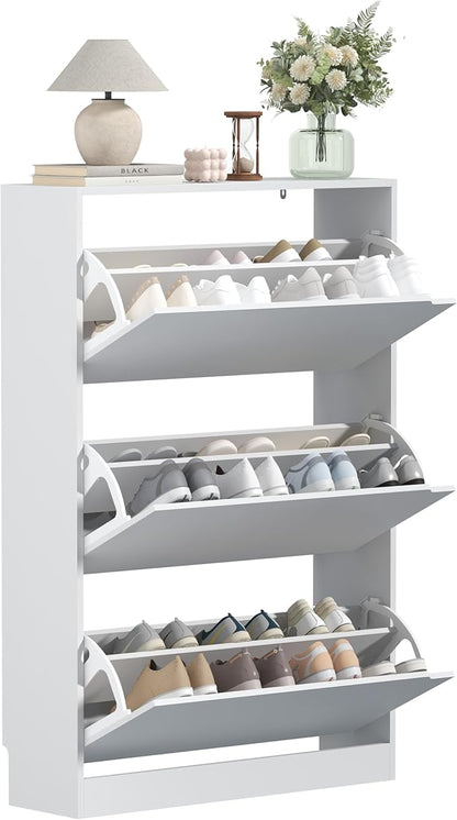 Shoe Cabinet with 3 Flip Drawers, 47" Slim Hidden Wood Shoe Storage Cabinet with Adjustable Shelf, Freestanding Narrow Shoe Rack Organizer for Entryway, Hallway, White