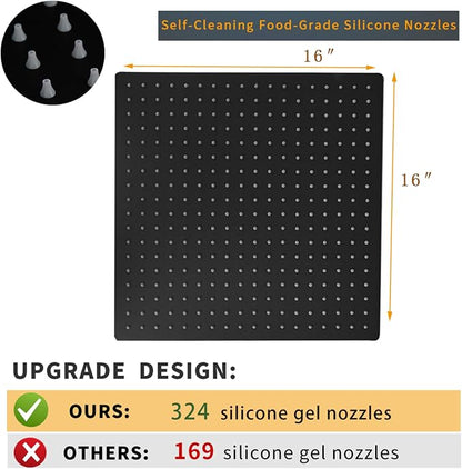 BESy 16 Inch Rain Shower Head, 16" Square Rainfall & High Pressure Stainless Steel Bath Showerhead, 1/16" Ultra Thin, Waterfall Full Body Coverage with Silicone Nozzle, Matte Black Finish