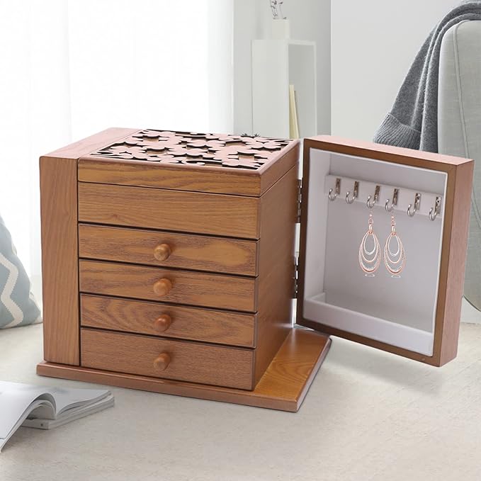 Wooden Jewelry Box for Women, 5-Layer Wooden Jewelry Organizer Boxes with 4 Drawers, Vintage Solild Wood Storage CaseJewelries, Watches, Necklace, Ring (Light Brown)