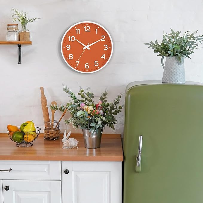 Roymnie Wall Clock 10 Inch Silent Wall Clocks Battery Operated-Modern Non Ticking Analog Clock Decorative for Kitchen Bedroom Office Bathroom(Orange)