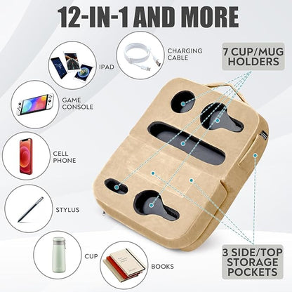 TabCouchCaddy - Couch Cup Holder Tray Pillow - Bed, Couch Caddy, Sofa, RV & Car - Holds Drinks, Snacks, Remotes, Phones, Kindle, Tablet | Bed Cup Holder (Beige)