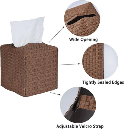 Tissue Box Cover 2-Pack, Square Tissue Holder with Bottom Belt, Modern Tissue Case Facial Paper Organizer Dispenser for Bathroom, Office, Home, Table, Car, Woven Pattern Brown