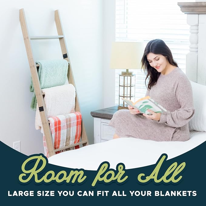 Blanket Ladder for Living Room and Bedroom, 5ft 8 inch, 6-Tier Wall Leaning Laminate No-Snag Construction (Smokey Oak) Rustic Decorative Farmhouse Blanket Storage, Quilt Rack, Ladder Shelf