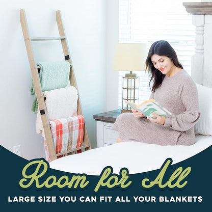Blanket Ladder for Living Room and Bedroom, 5ft 8 inch, 6-Tier Wall Leaning Laminate No-Snag Construction (Smokey Oak) Rustic Decorative Farmhouse Blanket Storage, Quilt Rack, Ladder Shelf