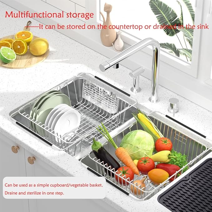 NiuYichee Stainless Steel Dish Drying Rack(14.2"L x 9.5"W x 4.1"H), Expandable Fruit & Vegetable Drain Rack over Sink, Dish Drainer Rack in Sink, with Stainless Steel Utensil Holder & 16" Silicone Mat