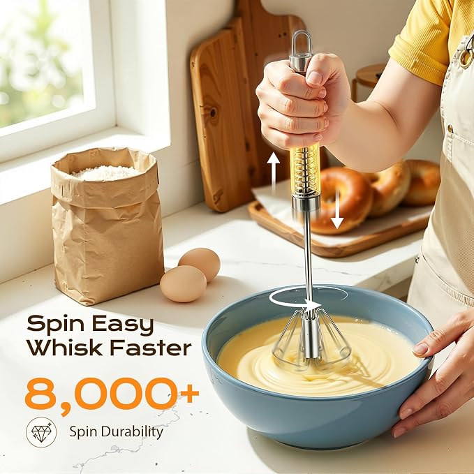 Upgraded Stainless Steel Semi-Automatic Whisk, Easy Push Hand Whisks for Eggs, Cream, Coffee & Light Mixing, Easy Clean Kitchen Whisk for Everyday Cooking (10+12in)