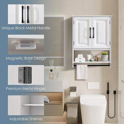 Wall Mounted Bathroom Cabinet, Farmhouse Medicine Cabinet with 2 Elegant Raised Panel Cabinet Doors, with Adjustable Shelf & Towel Bar – Over Toilet Storage Organizer for Small Spaces, White
