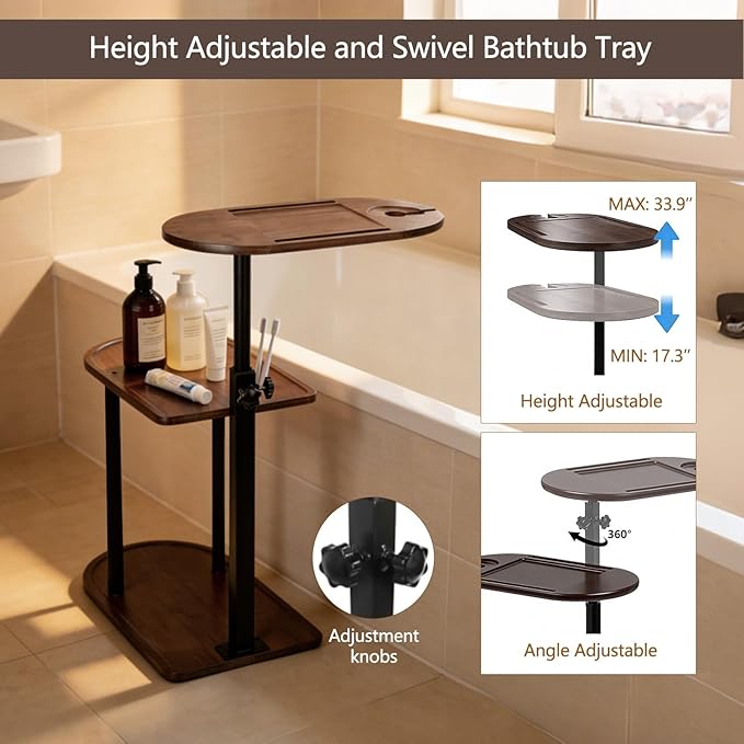 3 Layer Bathtub Tray Table,Bamboo Swivel Bathtub Side Table Height Adjustable,Freestanding Bathtub Tray for Tub Against Wall,Bathtub Accessories&Bathroom Organizer for Luxury Home Spa (Brown)
