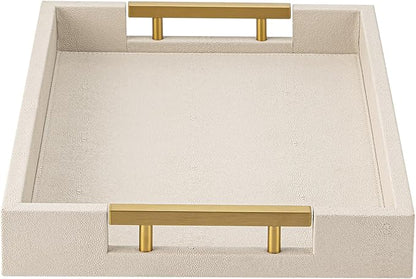 Beige Faux Leather Serving Tray with Handles – Large Decorative Tray for Coffee Table, Ottoman, Living Room, Bathroom – Home Decor