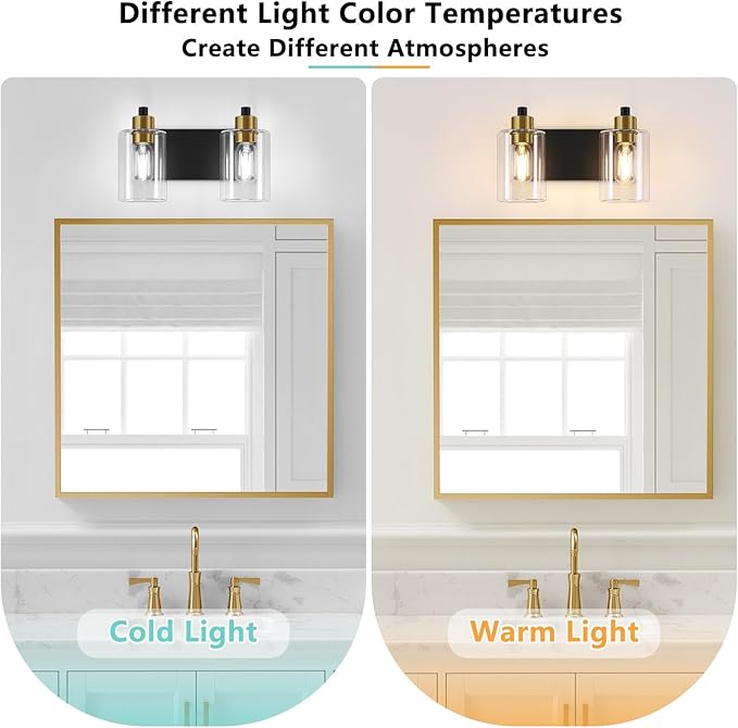 Bathroom Light Fixtures, Matte Black and Gold 2-Light Bathroom Lights Over Mirror with Clear Glass Shade,Wall Sconces for Bathroom