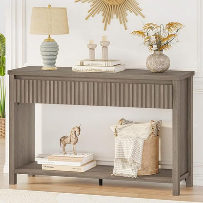 BON AUGURE Console Table with Storage, Entryway Table with Drawers, 47In Couch Tables Behind Sofa, Sofa Tables with Two-Tier Shelf for Living Room, Hallway, Front Door, Greige Oak