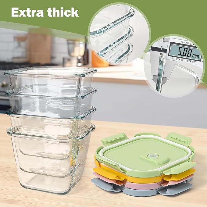 Glass Soup Containers with Lids - 4 Cup Borosilicate Glass Storage Containers, Freezer to Microwave Safe, Airtight Leak Proof, 32oz Square Soup Meal Prep Containers for Lunch Travel- 4 Pack