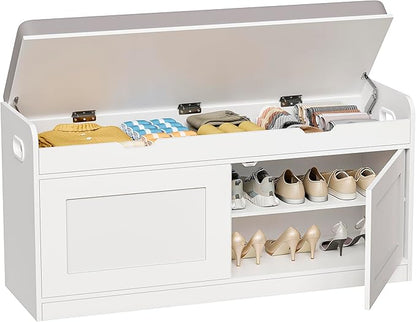 BEWISHOME Shoe Bench with Lift Top Storage, 2-Tier Storage Bench with Adjustable Shelf, Entryway Bench with Padded Seat Cushion, Wooden Shoe Organizer for Entryway Living Room Bedroom Hallway White