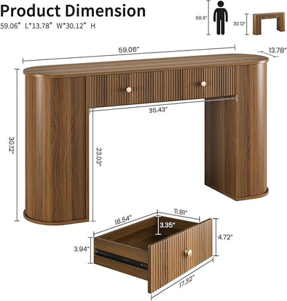 59" Fluted Console Table with 2 Drawers - Wood Entryway Table with Storage, Mid Century Modern Long Sofa Tables Behind Couch with Curved Legs for Living Room, Entry, Hallway, Foyer, Walnut