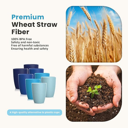Homienly Wheat Straw Cups Set of 8, 12oz Drinking Cups, Plastic Cups Reusable Dishwasher Safe, Water Cup Set for Juice, Milk, Coffee - Ocean