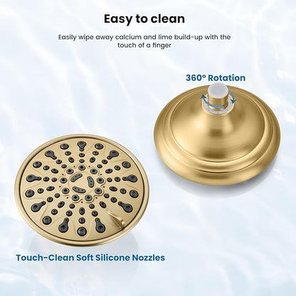 gotonovo Shower Faucet Set Bathroom Shower Head and Handle Set Complete 6 Settings 6 inch Rainfall Shower Head Kit High Pressure Shower System Combo Shower Trim Kit with Valve Brushed Gold