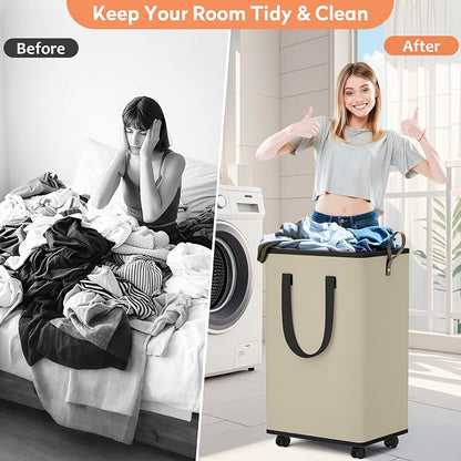 SpaceTrove Laundry Basket with Wheels, Collapsible Laundry Baskets, Laundry Hamper with Handles Detachable Wheels, Rolling Laundry Basket, Dirty Clothes Hamper for Bathroom, Dorm, Bedroom, Beige, 80L