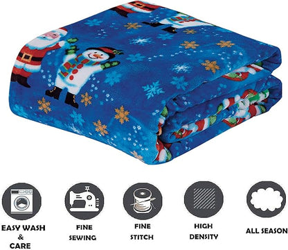 Elegant Comfort Luxury Velvet Super Soft Christmas Prints Fleece Blanket-Holiday Theme Home Décor Fuzzy Warm and Cozy Throws for Winter Bedding, Couch and Gift, 50 x 60 inch, Blue Santa Snowman