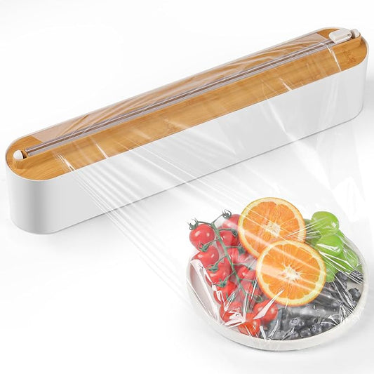 Magnetic Plastic Wrap Dispenser with Cutter - Practical Refillable Cling Wrap Aluminum Foil Dispenser with Slide Cutter, 12 Inch X 164 Feet Kitchen Food Cling Film Included, Bamboo-style