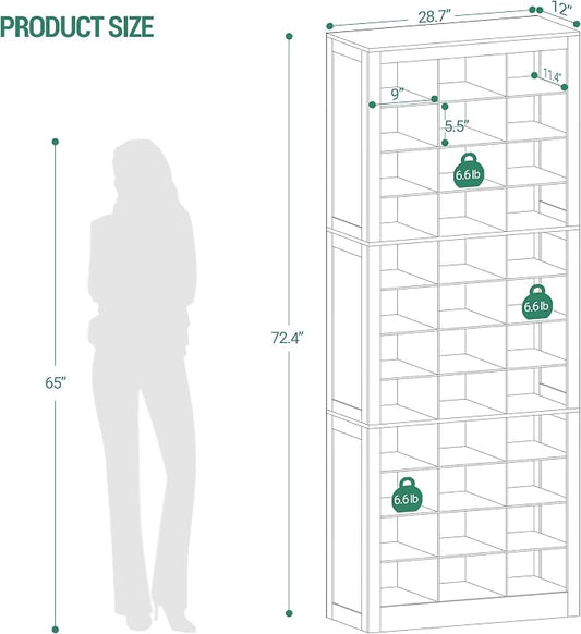 Hzuaneri Shoe Storage Cabinet, 36 Pairs Free Standing Closet Organizer, 8.8 inch Widened Cell Wood Shoe Organizer, 12 Tiers Vertical Space Saving Shoe Rack for Entryway, Cloakroom, Greige SR20705B
