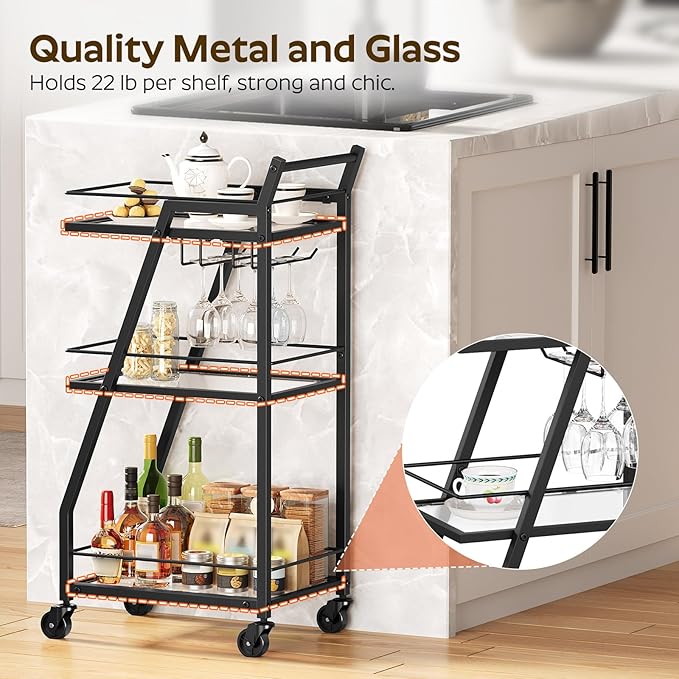 Bar Cart for The Home, Small Bar Cart on Wheels, Beverage Cart, Home Bar Serving Cart with Glass Holder, Drink Cart for Bar, Kitchen, Transparent and Black BC03BK