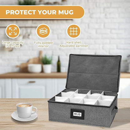 HURZMORO Mug Storage Box with 12 Compartments, Gray Hard Shell Container, Padded Dividers, Dual Handles, Zipper Lid for Coffee Cup Organization and Moving (1, Coffee Cup Storage Box)