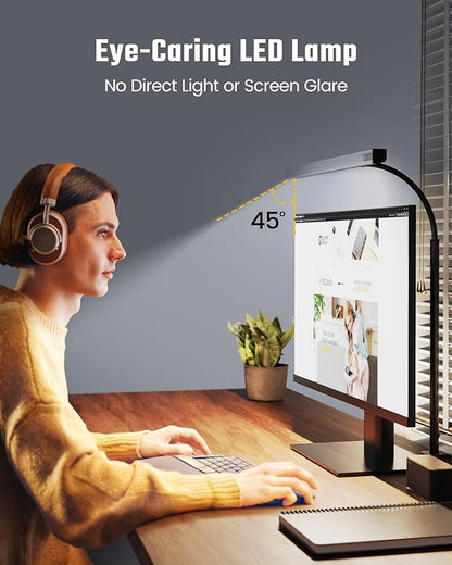 SUPERDANNY LED Desk Lamp for Office Home, Eye-Caring Desk Light with Adjustable Gooseneck, 12W Touch Control Dimmable Brightness, Architect Clamp Lamp with USB Adapter, Grey