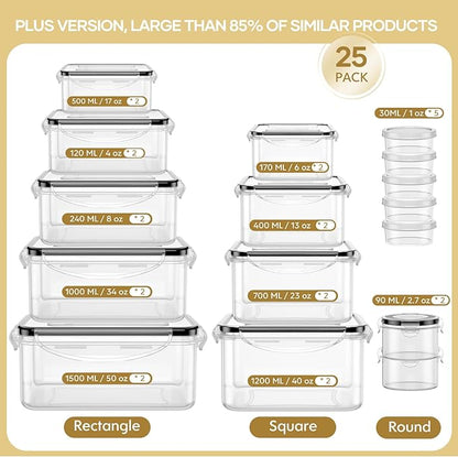 50-Piece Food Storage Containers with Lids (25 Containers & 25 Lids), Airtight Reusable Meal Prep Containers for Lunch, Plastic Kitchen Storage Containers with Labels & Marker Pen
