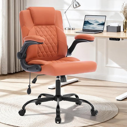 Office Chair with Adjustable Inflatable Lumbar Support,Leather Ergonomic Computer Desk Chair with Flip-up Arms,Adjustable Tilt Lock,Swivel Rolling Executive PC Chair for Work,Study,Meeting.Brown