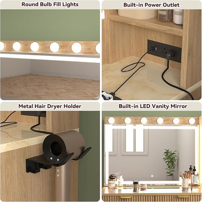 43" Fluted Makeup Vanity Desk with 32" Mirror and Lights, Modern Glass Top Large Vanity Table with 5 Drawers and 3 Storage Shelves, Dressing Table Set with Charging Station for Bedroom-Gold