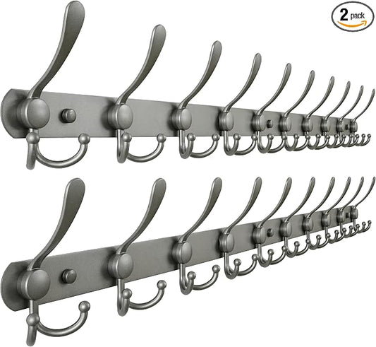 Dseap Coat Rack Wall Mount - 38” Long 10-Tri-Hooks Heavy Duty Coat Hanger Rail Wall Hooks for Hanging Coats Hats Clothing Clothes Purse Mudroom Entryway, Gray, Pack of 2
