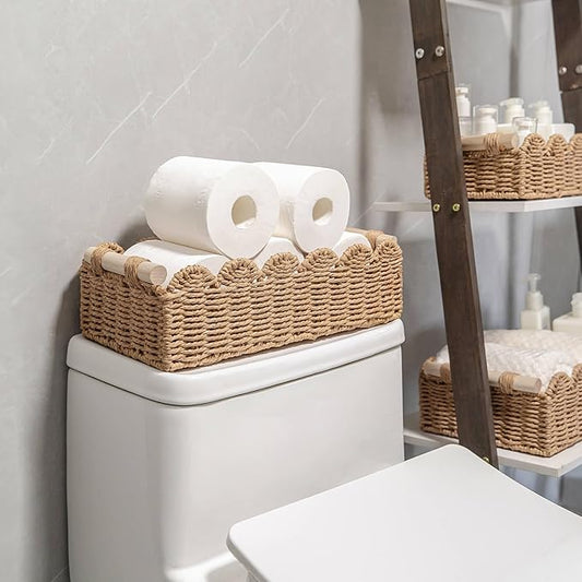 CubesLand Paper Rope Scalloped Edge Decor Baskets for Home, Living Room, Bedroom, Toilet Basket for Over Toilet Storage Shelf, End Table, Shelves and More, Both Storage&Decor, Set 2 Neutral