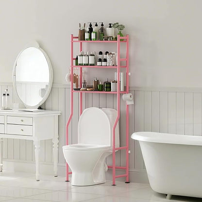 3-Tier Over The Toilet Storage Organizer, Space-Saving Bathroom Rack with Paper Holder & 4 Hooks, 64" Tall Freestanding Carbon Steel Shelf for Small Apartment Laundry Room (Pink)