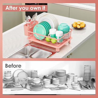 GAOKASE Dish Drying Rack, Stainless Steel-Dish Rack, Dish Racks for Kitchen Counter, Kitchen Dish Drainers with Removable Utensil Holder,New Drain Outlet,Plate Rack and Drainboard,(Pink-11 W x 15" L)